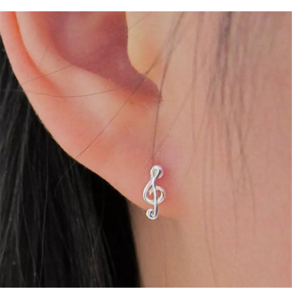 925 Silver Small Treble Clef Music Earrings - Picture 2 of 3